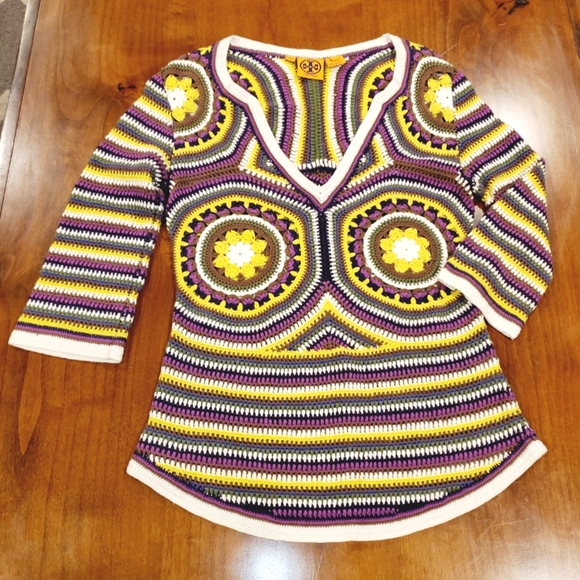 Tory Burch Tops - TORY BURCH Pull On ¾ Sleeve Crochet Abstract Pattern Pullover Blouse Sz Small